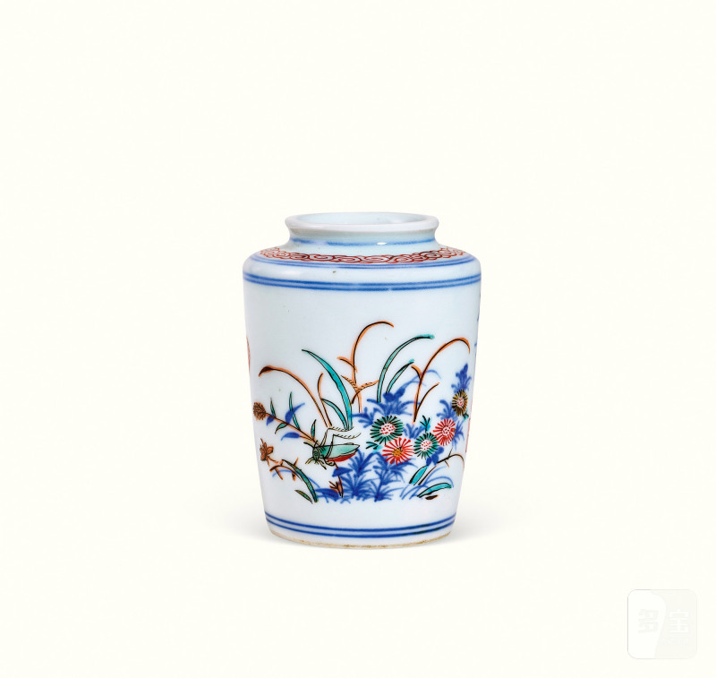 清早期 青花五彩飞蝗腾达诗文茶入